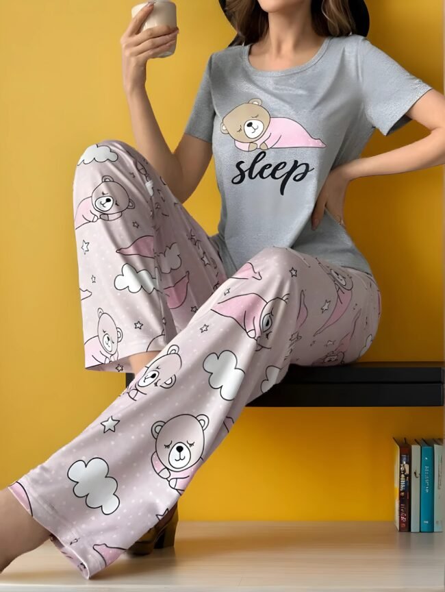 Damen-Pyjama-Set mit Teddybär-Print – Gemütlich, weich & niedlich für süße Träume ✨