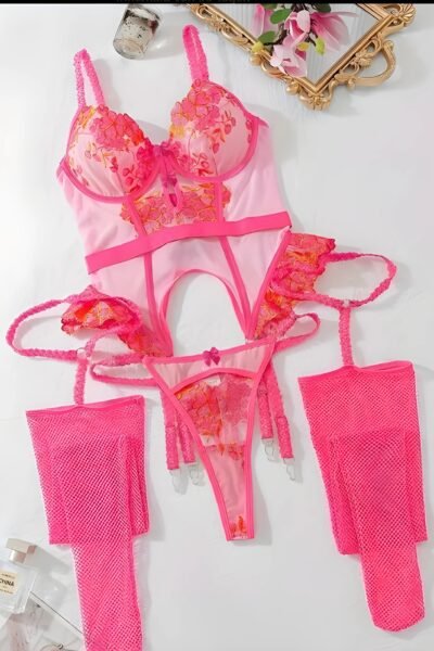 2025 Exquisites Dreiteiliges Set – Besticktes Blumen-Korsett mit trägerloser Brust & Leggings in Schwarz-Weiß