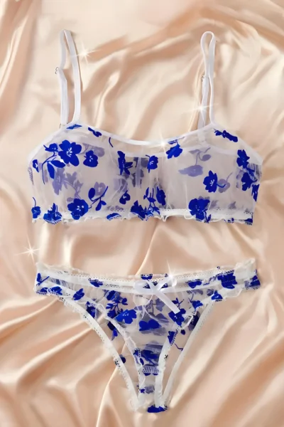Florales Tüll-Dessous-Set – Transparenter Bügel-BH & String für Damen, verführerisch & sexy
