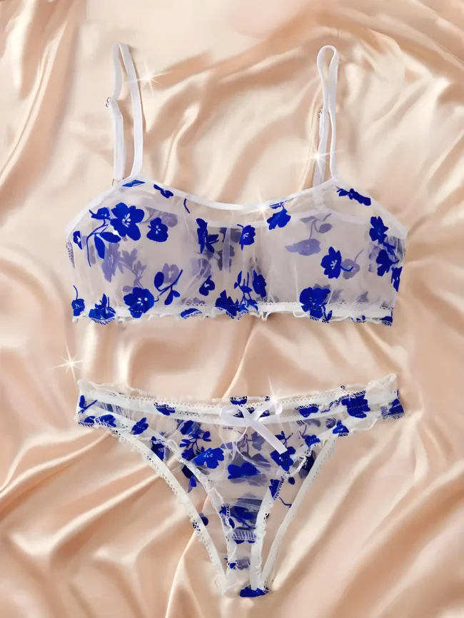 Florales Tüll-Dessous-Set – Transparenter Bügel-BH & String für Damen, verführerisch & sexy