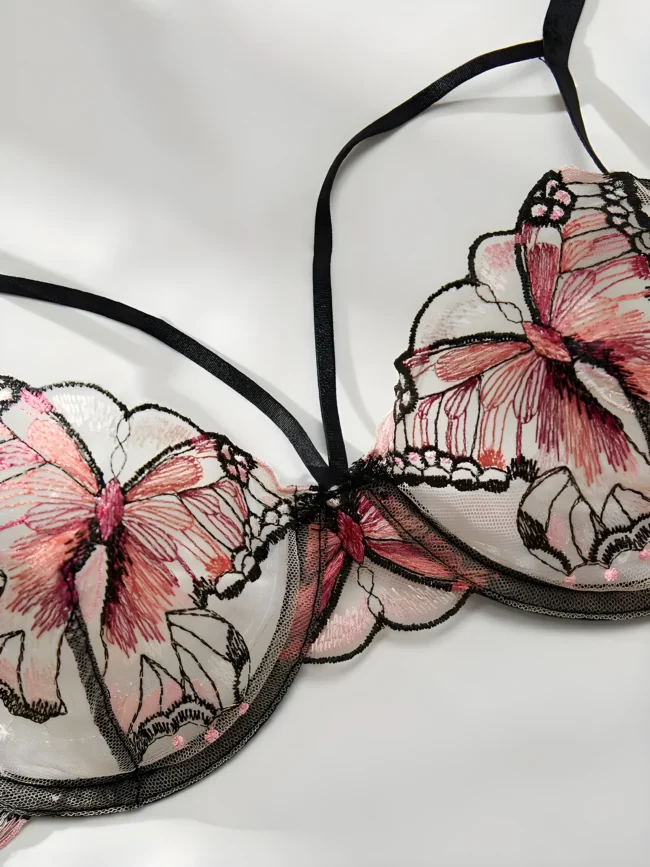 Sexy Mesh-Dessous-Set mit Schmetterlingsstickerei – Strappy Plunge-BH & String für Damen – Bild 3