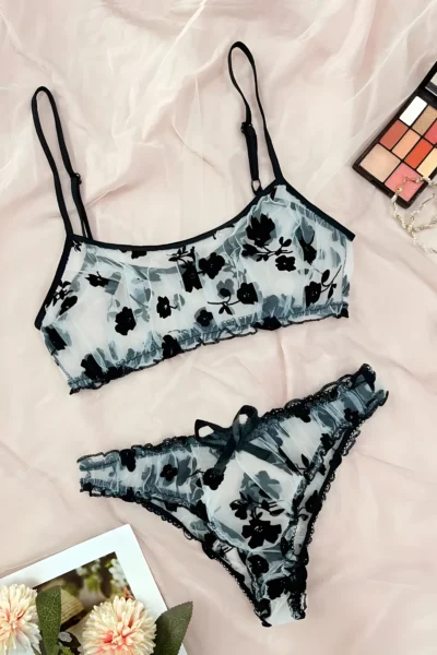 Florales Tüll-Dessous-Set mit Bügel-BH & String – Sexy & Transparent