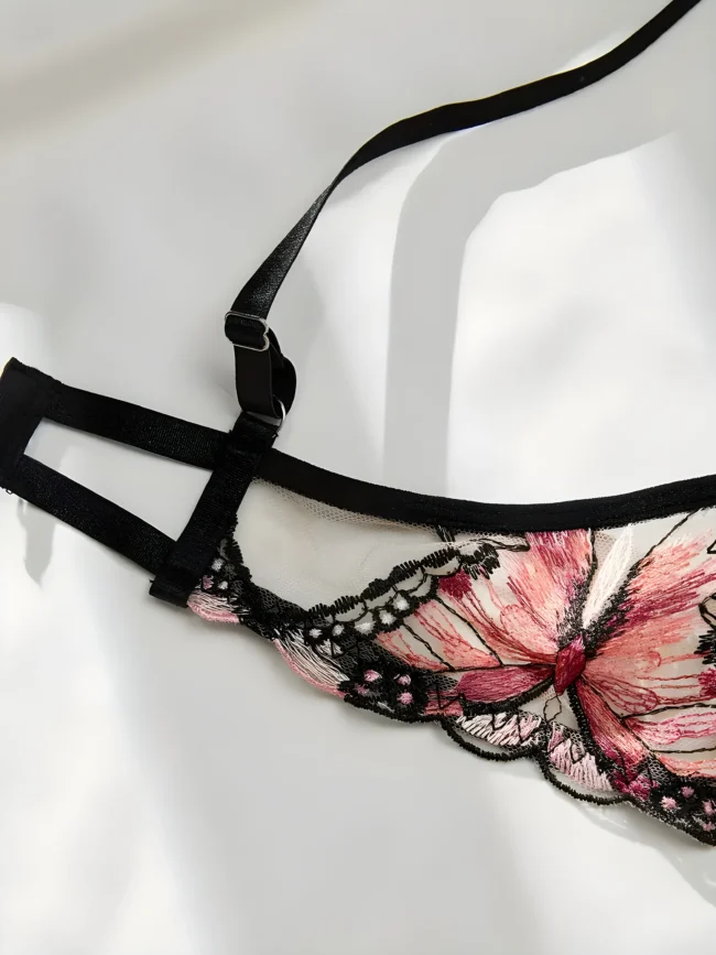 Sexy Mesh-Dessous-Set mit Schmetterlingsstickerei – Strappy Plunge-BH & String für Damen – Bild 4