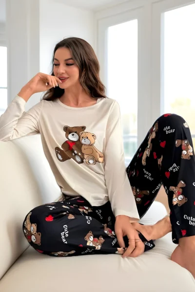 Damen Pyjama-Set mit Bären- & Buchstaben-Grafik – Süß & Bequem