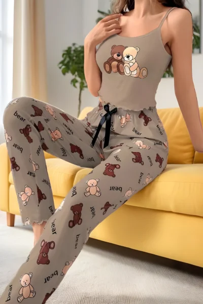 CoupledUp Damen Pyjama-Set – Cartoon-Bär Top & Hose, bequem & süß