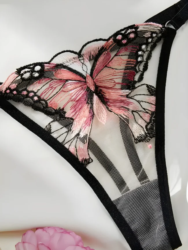 Sexy Mesh-Dessous-Set mit Schmetterlingsstickerei – Strappy Plunge-BH & String für Damen – Bild 5