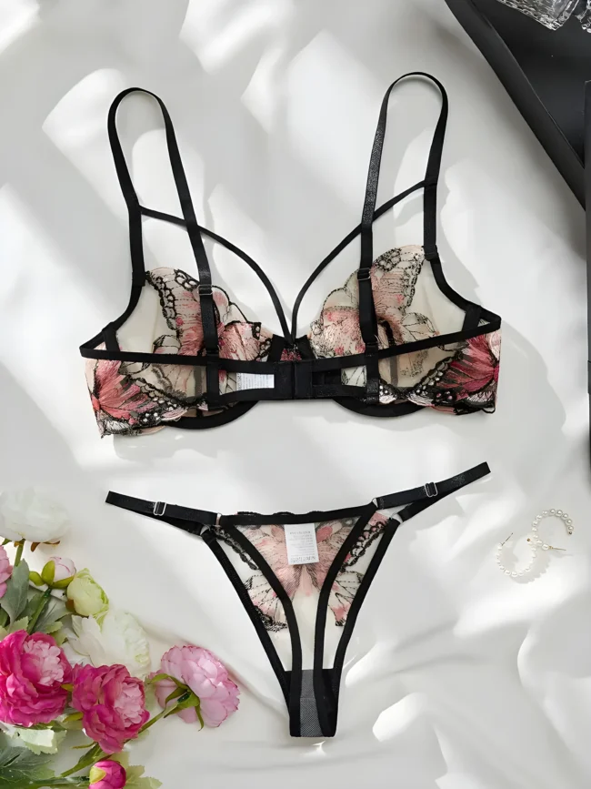 Sexy Mesh-Dessous-Set mit Schmetterlingsstickerei – Strappy Plunge-BH & String für Damen – Bild 2