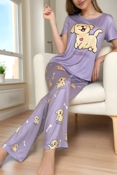 Damen Pyjama-Set mit Welpen-Muster – Kurzarm, Süß & bequem