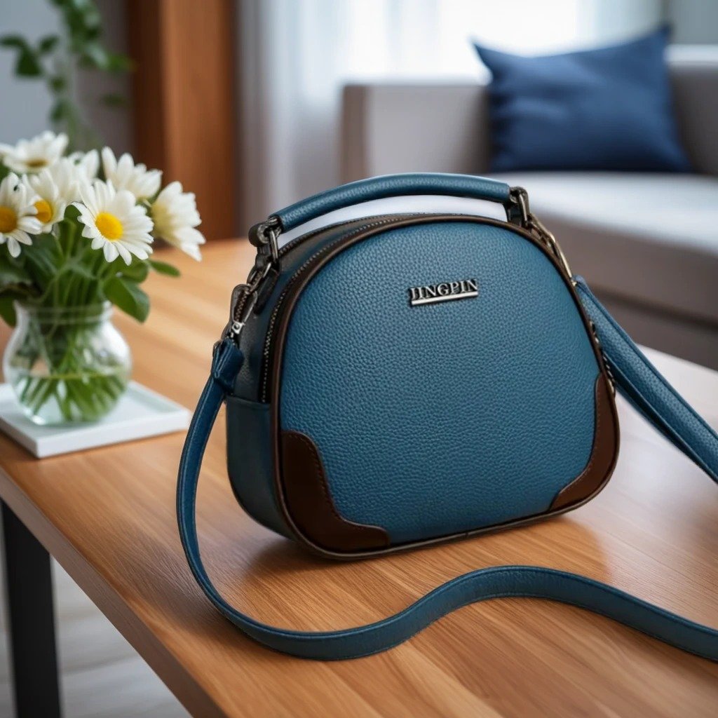 Damen-Umhängetasche Blau mit Doppelreißverschluss – Mini & Leicht – Bild 4